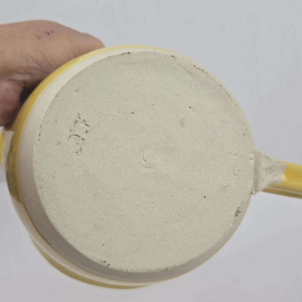 Vtg Art Pottery Yellow Speckled Batter Mixing Bowl Spout Handle Signed Farmhouse